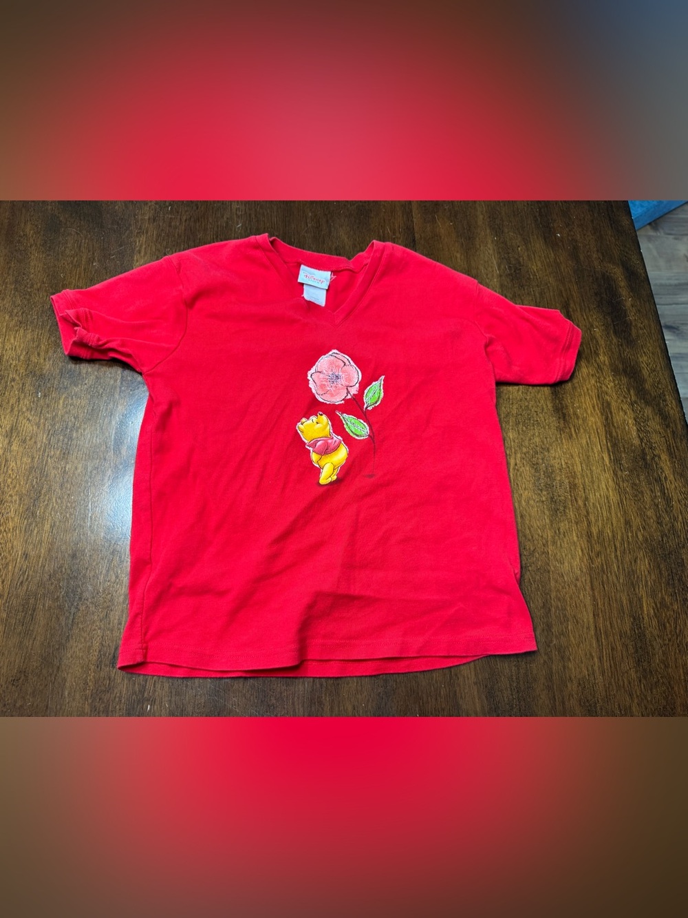 Vintage Disney Red V-Neck Winnie the Pooh Embroidered Flower Tee